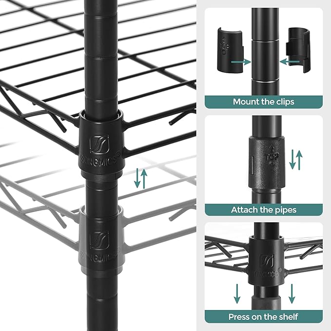 SONGMICS 5-Tier Bathroom Shelf, Storage Rack for Small Space, with 5 PP Shelf Liners, Removable Hook, Extendable Design, Ink Black and Rustic Brown ULGR023B02