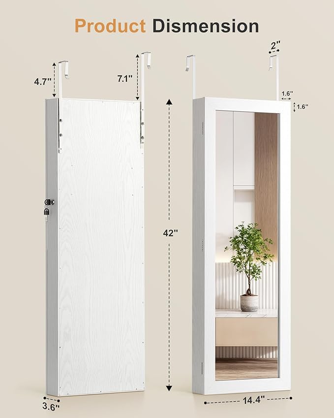 Nicetree 6 LEDs Mirror Jewelry Cabinet, Large Capacity Lockable Jewelry Armoire Organizer, Door or Wall Mounted Mirror with Jewelry Storage, Christmas Gifts, White