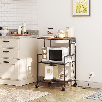 Mobile Printer Stand, 3-Tier Industrial Printer Cart with Power Outlets and 2 USB Ports, Rolling Printer Table on Wheels for Home Offices Kitchen Organization Rack, Rustic Brown PTHR78E01