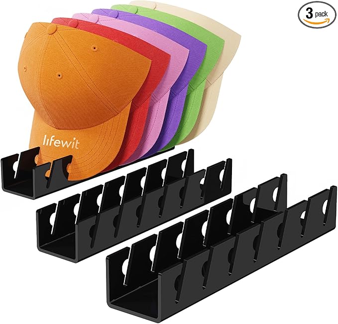 Lifewit 3 Pack Hat Organizer for Baseball Caps, Hat Storage Rack for 21 Ball Caps, Hat Stand Shelf for Trucker Hat and Golf Cap in Closet, Bedroom, Dresser, Black