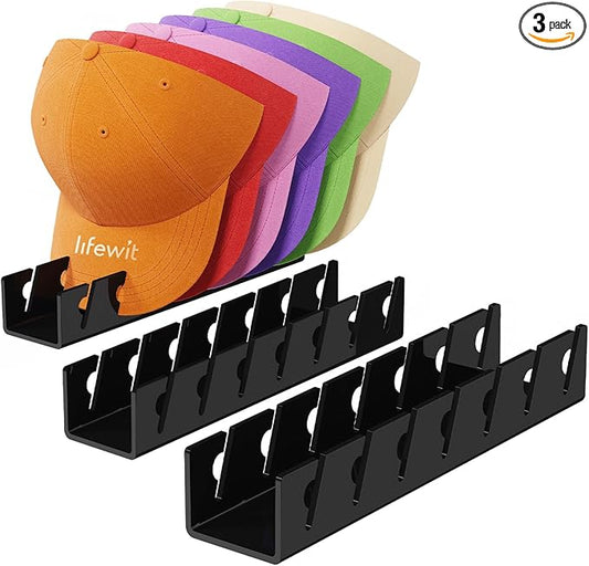 Lifewit 3 Pack Hat Organizer for Baseball Caps, Hat Storage Rack for 21 Ball Caps, Hat Stand Shelf for Trucker Hat and Golf Cap in Closet, Bedroom, Dresser, Black