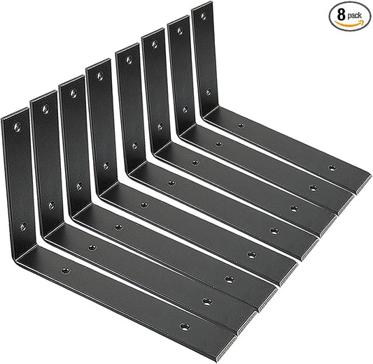 Shelf Brackets 10 Inch Wall L Brackets 8PCS Heavy Duty for Shelves Metal Black Rustic Industrial Brackets for DIY Opening Shelves Project Hardware Included