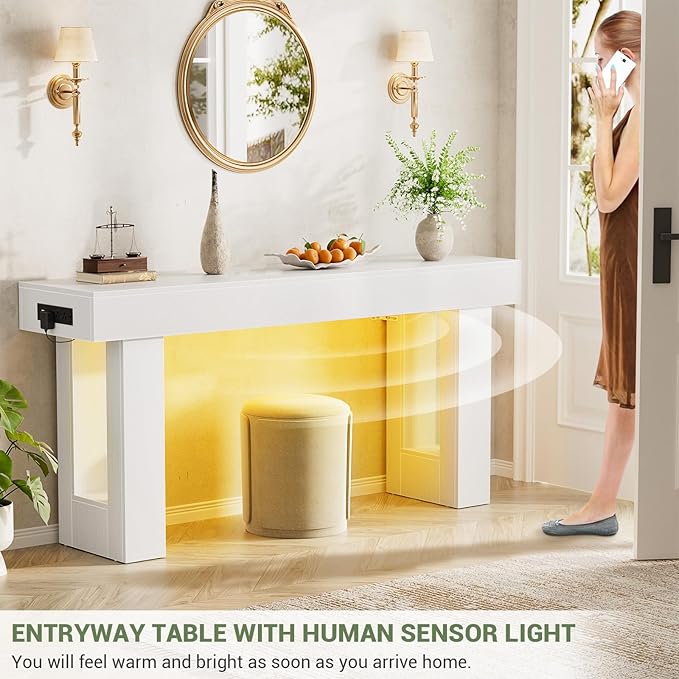 Unikito 63'' Farmhouse Console Table with Power Outlets and Sensor Light, Wooden Entryway Table with Storage, Rectangular Sofa Tables Behind The Couch for Entrance, Hallway, Living Room,