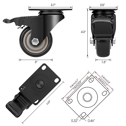 3 Inch Industrial Heavy Duty Swivel Caster Wheels with Brake,Set of 4 Safety Locking Casters,Load 1600lbs,Premium Polyurethane Wheels for Table,Trailer,Saw Table,Stage Toolbox,Bed,Corn Board