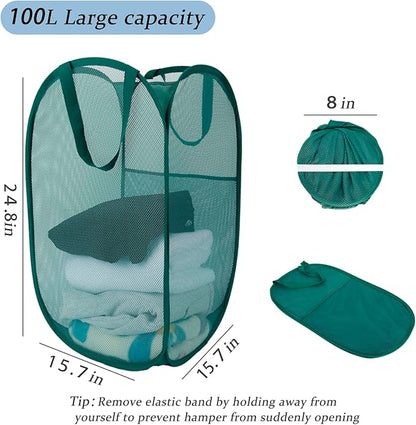 Upgraded 100L Extra Large Collapsible Laundry Baskets, 2 Pack XL Mesh Pop Up Laundry Hamper with Handles, Portable Travel Laundry Basket, Foldable Hamper. Green