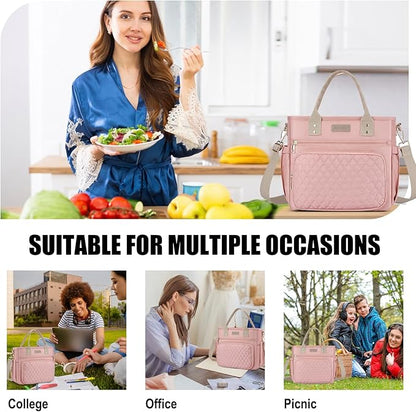 EASYA Large Women Lunch Bags for Work/Insulated Adult Lunch Box for Women/Durable Nylon Thermal Lunchbox for Womens/Leakproof Cooler Tote Bag with Storage Pocket (Shimmering blush pink Cotton Strap)