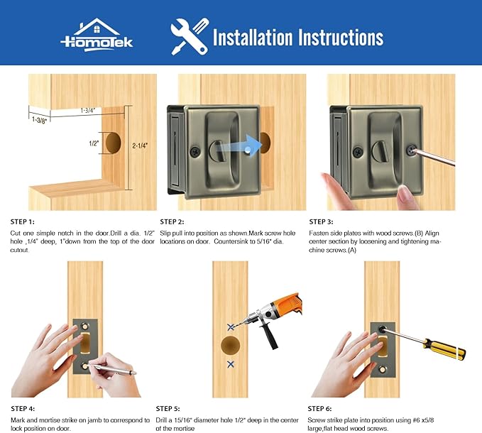 HOMOTEK Privacy Sliding Door Lock with Pull - Replace Old Or Damaged Pocket Door Locks Hardware Quickly and Easily, 2-3/4”x2-1/2”, for 1-3/8” Thickness Door, Antique Brass