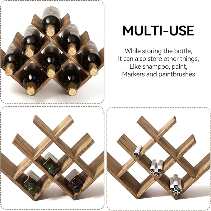 KIRIGEN 8-Bottle Countertop Wine Rack - Wine Bottle Holder for Bar Table/Wine Cabinet Free Standing - Wood 3-Tier Wine Display and Storage Shelves Dark Brown XHJJ3-DBR