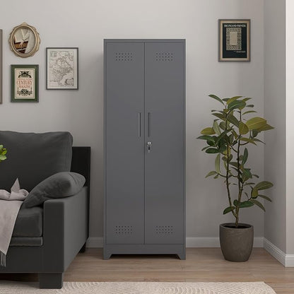 65''H Garage Storage Cabinets, Metal Locking Storage Cabinet with Doors and Shelves, Utility Closet Cabinet with Hanging Rod, Cleaning Storage for Kitchen, Office, Garage