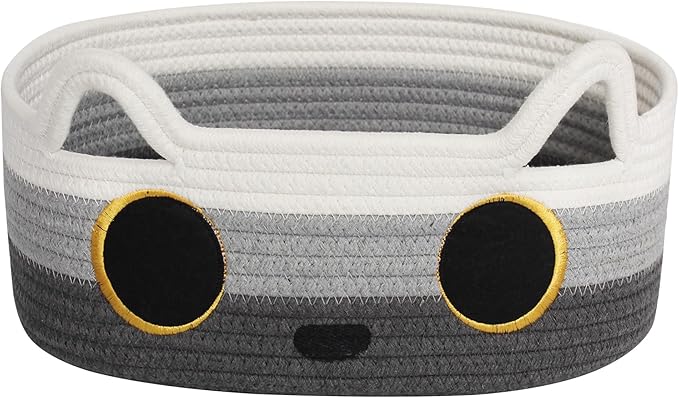 Cat Toy Basket, Small Woven Cat Toy Storage Box with Cute Ear Handle Indoor, Cotton Rope Storage Bin with Embroidered Face for Home Decor, Pet Bed, Nursery Kids Room Organization, 3-tone Gray