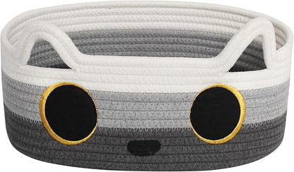 Cat Toy Basket, Small Woven Cat Toy Storage Box with Cute Ear Handle Indoor, Cotton Rope Storage Bin with Embroidered Face for Home Decor, Pet Bed, Nursery Kids Room Organization, 3-tone Gray