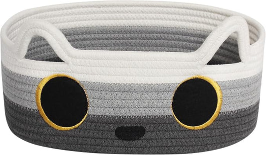Cat Toy Basket, Small Woven Cat Toy Storage Box with Cute Ear Handle Indoor, Cotton Rope Storage Bin with Embroidered Face for Home Decor, Pet Bed, Nursery Kids Room Organization, 3-tone Gray