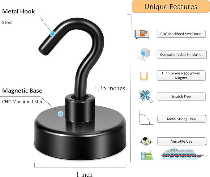 Neosmuk Magnetic Hooks, Heavy Duty 85lb+ Strong Magnet Hook for Cruise Cabins, Cruise Ship Essentials for Hanging, Metal Wall Refrigerator Hangers (Black, 10 Pack)