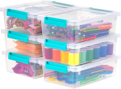 IRIS USA 2 Qt. Craft Storage Bins with Lids, 6-Pack, |Made in USA|, Clip Box, Small Plastic Sensory Bin Tote Organizer Containers for Art Supplies, Paper, & Office, Stackable - Clear/Seafoam Blue