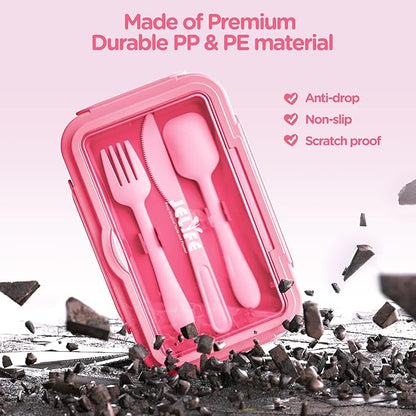 Jelife Kids Lunch Bento Box, Large Bento-Style Leakproof Boxes 4 Compartments Girls Snack Containers with Tableware for Back to School, Reusable On-the-Go Meal and Packing, Pink