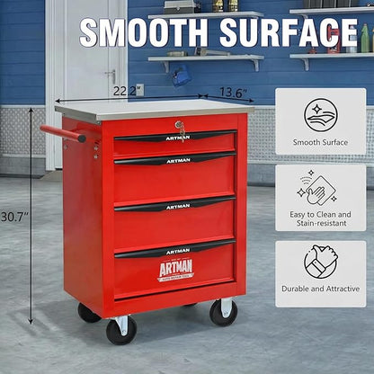4-Drawer Rolling Tool Chest with Stainless Steel Countertop,Tool Chest with Secure Locking System,Mobile Storage Tool Cabinet with 360°Wheels and Padded Feet,for Home,Garage (Red)