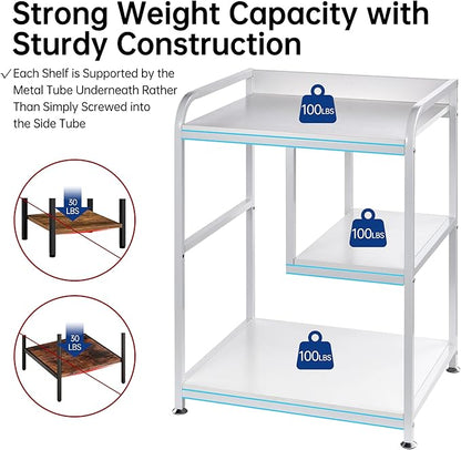 Large Printer Stand Table with Storage Shelf for Host Computer, PC Tower, CPU and Shredder, 3 Tier Rolling Printer Cart with Wheels for Home Office Storage and Organization - White