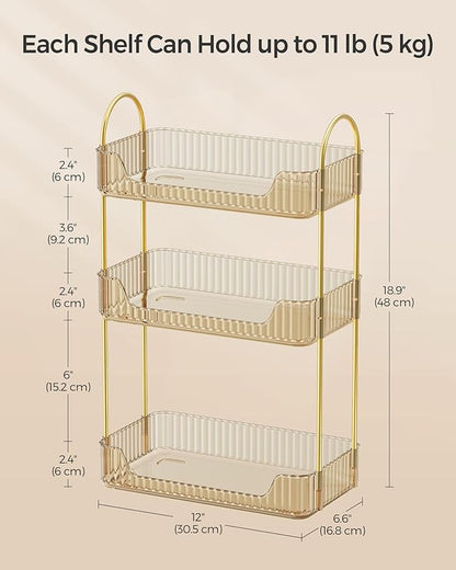 SONGMICS Makeup Organizer, 3-Tier Skincare Organizer Countertop, Customizable, 2 Types of Accessories, Jewelry Holder, for Vanity, Bedroom, Bathroom, Champagne Gold UJKA013A01