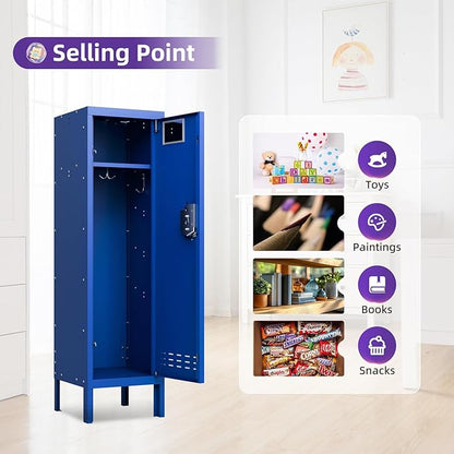 Metal Storage Locker with Lock & Card Slot Locker - Secure Lockable Door - Steel Locker for School, Office, Gym, Home - 54" H x 15" W x 15" D（1 Door, Blue）