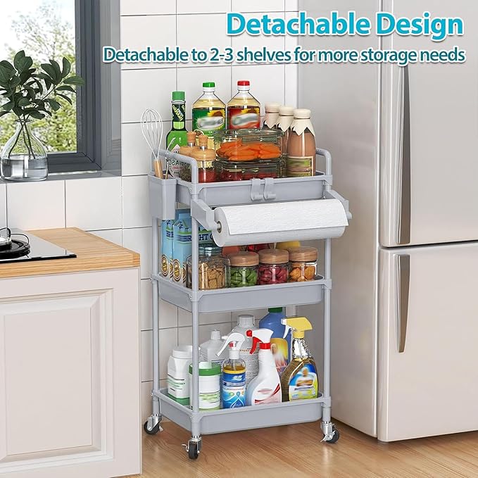 SPACEKEEPER Rolling Storage Cart, 3 Tier Utility Cart Laundry Room Organization Mobile Shelving Unit Bathroom Organizer with Towel Rack, Lockable Wheel, Hooks & Cup for Kitchen Office, Grey