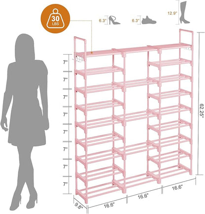 WOWLIVE 9 Tiers Shoe Rack Shoe Storage Shoe Organizer 50-55 Pairs Shoe Tower Unit Shelf Durable Metal Pipes with Plastic Connectors Stackable Cabinet Pink