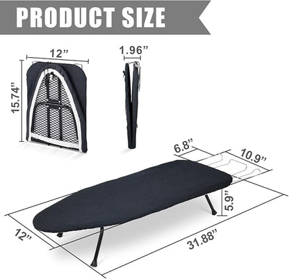 Tioncy Metal Foldable Tabletop Ironing Board with Iron Rest, Metal Portable Ironing Board Small with Heat Resistant Cotton Cover and Mini Non Slip Feet for Home Laundry Rooms Dorms Travel(Black)