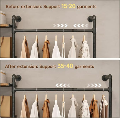 T3 Closet System with Stepless Dimmable LED Light, Industrial Pipe Clothing Rack with 4 Drawers, 6 Wooden Shelves & 4 Telescopic Rods, Heavy Duty Closet Organizers in Wardrobe Closet (Rustic Brown)