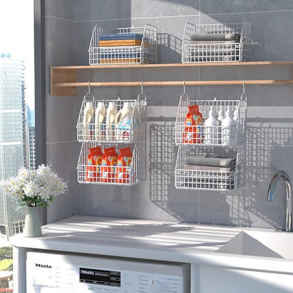 Hanging Closet Organizer and Storage, Clothes Hanging Shelves Wire Baskets for Clothing Sweaters Purse Handbags Shoes White 3 Tier