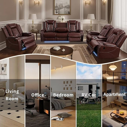 Living Room Furniture Sets,Power Reclining Couch Set for Living Room, Power Reclining Loveseat Recliner Chair with Drop Down Table LED Cupholders for Home and Office, Brown