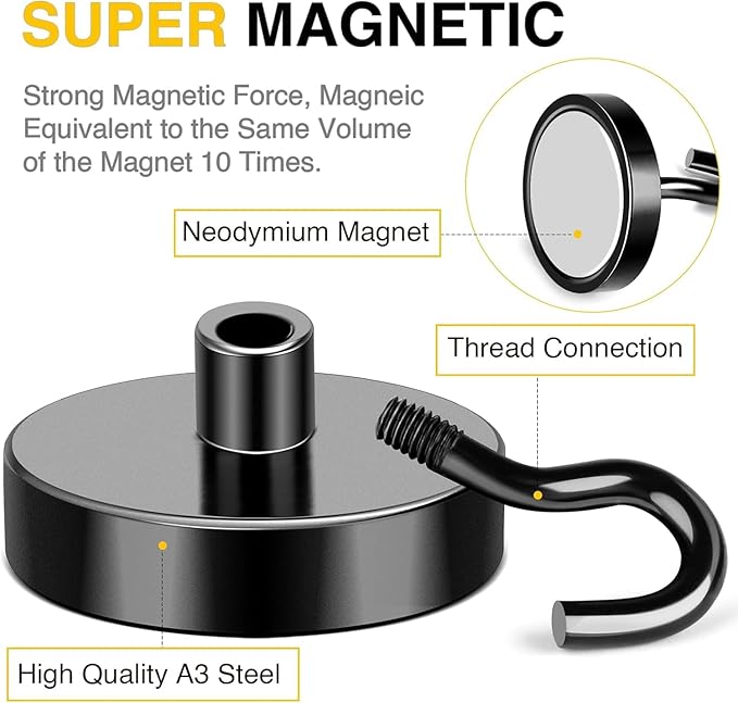 DIYMAG Black Magnetic Hooks, 120 LB Heavy Duty Strong Magnets with Hook, Rare Earth Neodymium Magnet for Cabins Cruise Ship Essentials 8 Packs