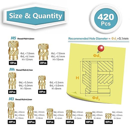 Kadrick 420Pcs M3 M4 M5 Threaded Inserts Assortment Kit for 3D Printing Components, Metric Brass Knurled Nuts, Insert by Heat into Plastic Parts