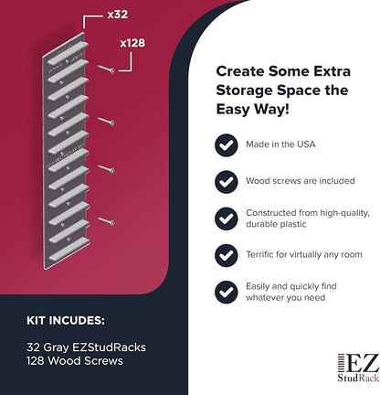 Made in USA | EZStudRack Adjustable Between Stud Shelf Bracket | Shelf Brackets for Wall Mounted Shelf | Shelving Brackets for Home | Garage Shelf Brackets- Wood Not Included- 32Pack (16 Pair) Gray