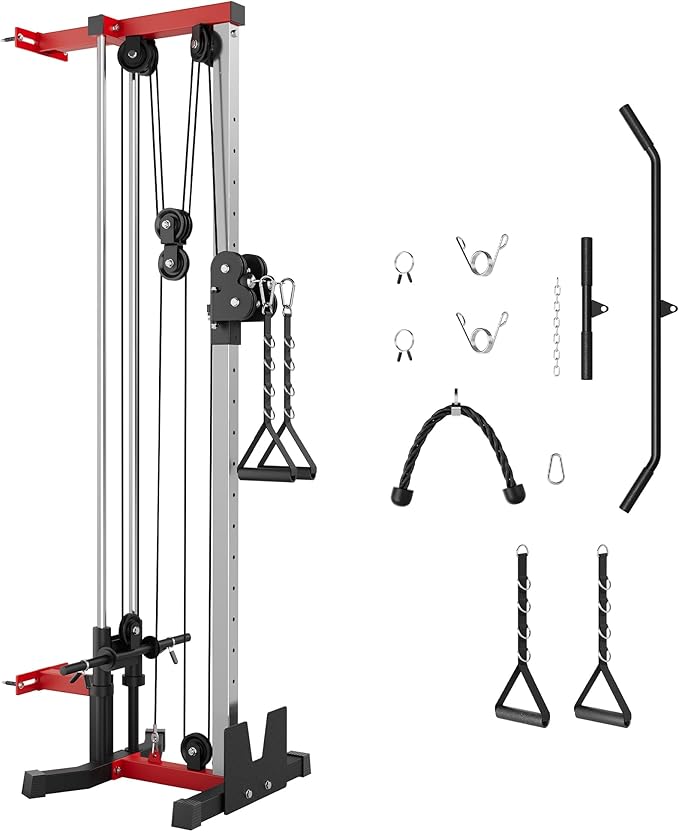 Wall Mount Cable Station – Dual Pulley Cable Crossover Machine with 18 Adjustable Positions, Tricep Rope, T-Bar, LAT Pulldown Bar & Foot Board for Home Gym Strength Training