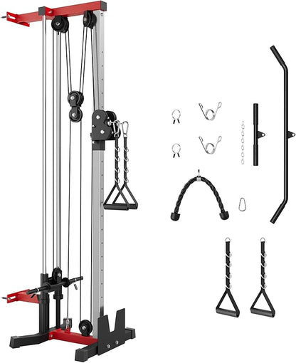 Wall Mount Cable Station – Dual Pulley Cable Crossover Machine with 18 Adjustable Positions, Tricep Rope, T-Bar, LAT Pulldown Bar & Foot Board for Home Gym Strength Training