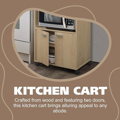 Kings Brand Furniture Ayla Microwave Cabinet with Storage and Upper Shelf for Kitchen Appliances - 2 Door Cabinet Kitchen Storage Cart - Wood Kitchen Cart with Lockable Castors Wheels - Beech