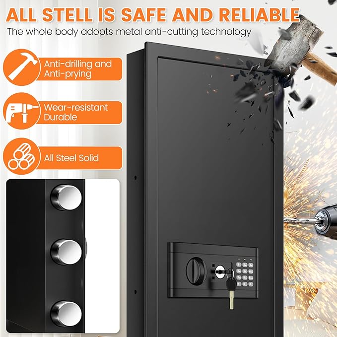 47.3" Tall Fireproof Wall Safes Between the Studs 16" Centers, Large Hidden Flush Wall Safe with 4 Removable Shelf & 6 Key Hooks, 48LB Heavy Duty In Wall Safe for Home, Money, Jewelry, Valuables