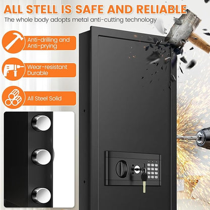 47.3" Tall Fireproof Wall Safes Between the Studs 16" Centers, Large Hidden Flush Wall Safe with 4 Removable Shelf & 6 Key Hooks, 48LB Heavy Duty In Wall Safe for Home, Money, Jewelry, Valuables