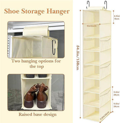 VERONLY Hanging Shoe Organizer for Closet with 8 Shelves,Mesh Pockets-Wider Hanging Shelves for Shoes,Clothes,Hats With Sturdy Bamboo-Supported Design (Beige)