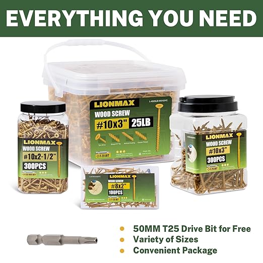 LIONMAX Deck Screws 3 Inch, Wood Screws #10 x 3, 500 PCS, Rust Resistant, Exterior Epoxy Coated, Outdoor Decking Screws, Torx/Star Drive Head Deck Screw, T25 Star Bit Included, Tan