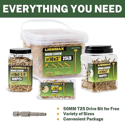 LIONMAX Deck Screws 4 Inch, Wood Screws #10 x 4, 300 PCS, Rust Resistant, Exterior Epoxy Coated, Outdoor Decking Screws, Torx/Star Drive Head Deck Screw, T25 Star Bit Included, Tan