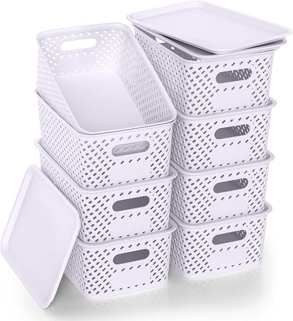 Plastic Storage Bins with Lid, Stackable Small Box Basket for Organizing and Containers for Shelves Drawers Desktop Closet Playroom Pantry Classroom Office Home, 8-pack 10.2"x7.2"x4.1" Lavender