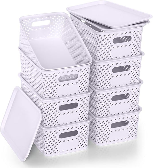Plastic Storage Bins with Lid, Stackable Small Box Basket for Organizing and Containers for Shelves Drawers Desktop Closet Playroom Pantry Classroom Office Home, 8-pack 10.2"x7.2"x4.1" Lavender