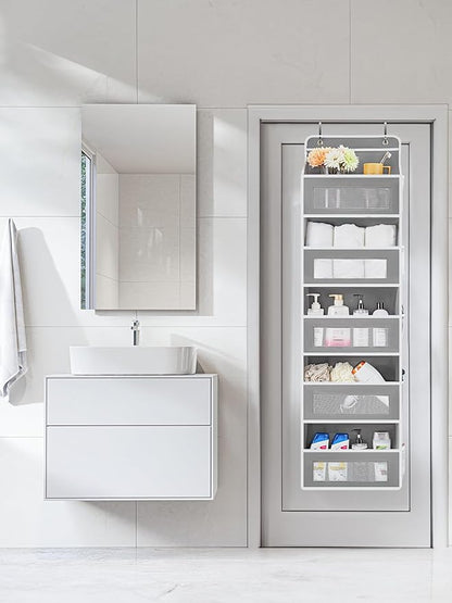 JARLINK Over The Door Organizer Storage, 5 Shelf Hanging Door Organizer with 5 Large Capacity Pockets, Anti Tilt 44 lb Load Behind Door Storage for Bedroom, Bathroom, Pantry, Nursery, (Grey)