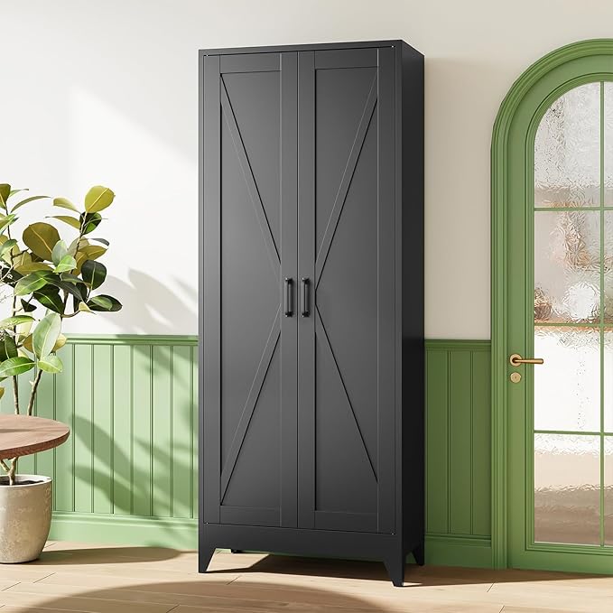 Letaya 75" H Metal Storage Cabinet with 2 Doors and 4 Shelves,Tall Kitchen Pantry Cabinets,Farmhouse Utility Pantry Organizers for Cupboard/Dining/Bathroom/Home Office/Garage Room,Black