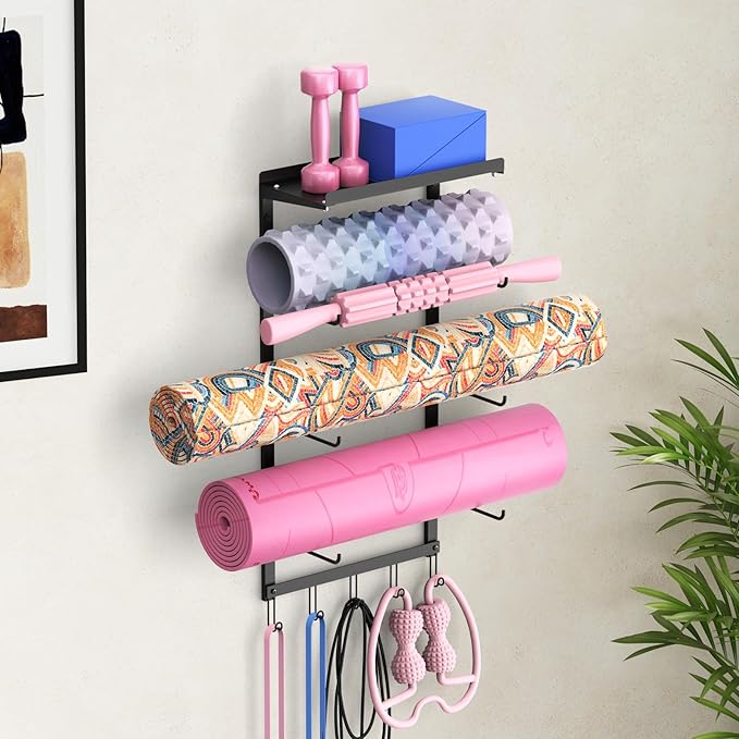 Yoga Mat Holder Wall Mount Organizer - 4-Layer Suspension System for Home Gym, 14" x 7.9" x 29.5" Black Iron Shelf with Strap for Yoga Sets, Carrier, Wall Art, Kit for Women