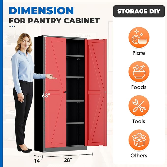 INTERGRAET 63" H Pantry Cabinet, Kitchen Pantry Storage Cabinets with 2 Doors and 4 Shelves, Metal Storage Cabinet,Cupboard for Home,Kitchen,Living Room/Dining, Black Red