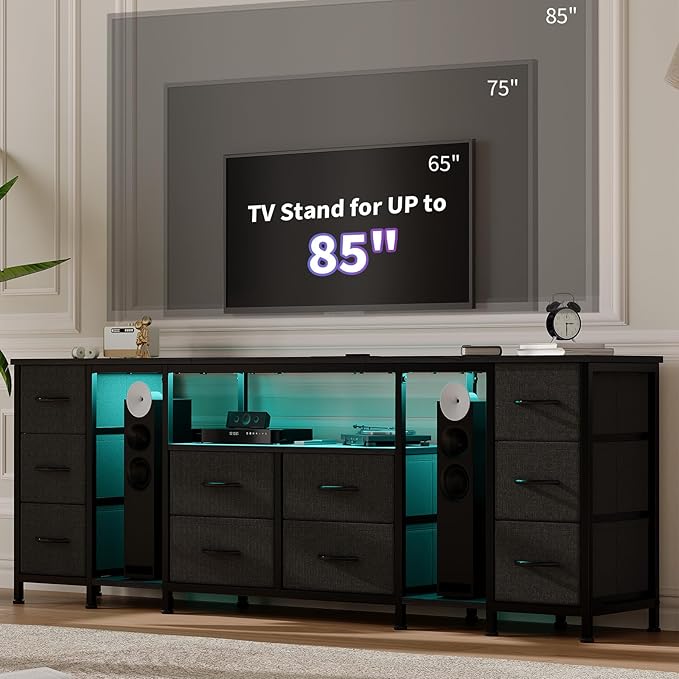 Garvee 10 Drawer Dresser, TV Stand with Fabric Drawers and Power Outlets for 75 70 65 Inch TV, TV Console Table, Entertainment Center with Open Storage Shelves for Living Room, Bedroom, Office, Black