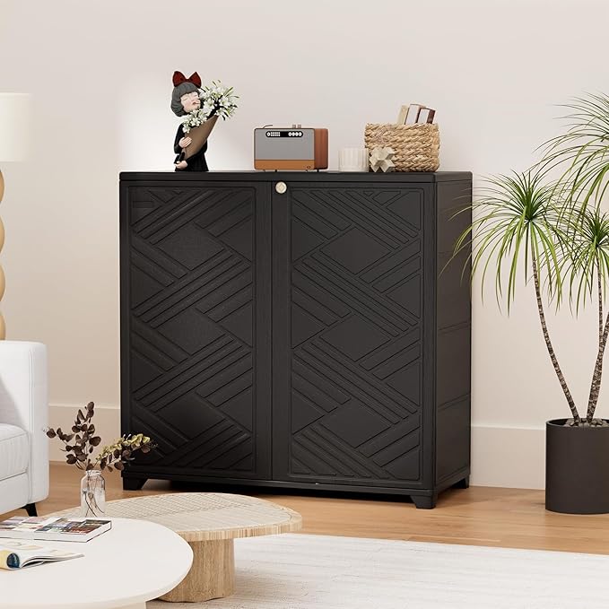 HOMSPARK Indoor/Outdoor Storage Cabinet with Doors and 2 Metal Shelves, 34”x15”x34” HDPE Plastic Storage Box for Patio, Garden, Enterway, Balcony, Multi-Purpose for Daily Tools, Black
