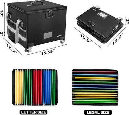 ENGPOW Fireproof Document Box with Wheels, Collapsible File Box with Lock, Rolling File Storage Organizer Filing Cabinet with Pockets, Portable Home Office Safe for Hanging Letter/Legal Folder