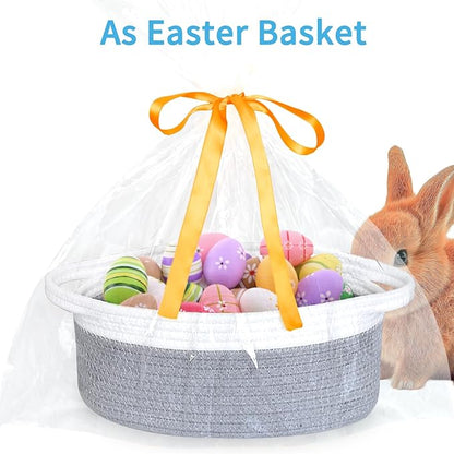 ABenkle Small Basket with Gift Bags and Ribbons, Empty Gift Baskets for Mother's Day, Decorative Boho Rope Woven Nursery Storage Organizer Toy Baskets with Handle for Baby Showers, 12"X 8" X 5"